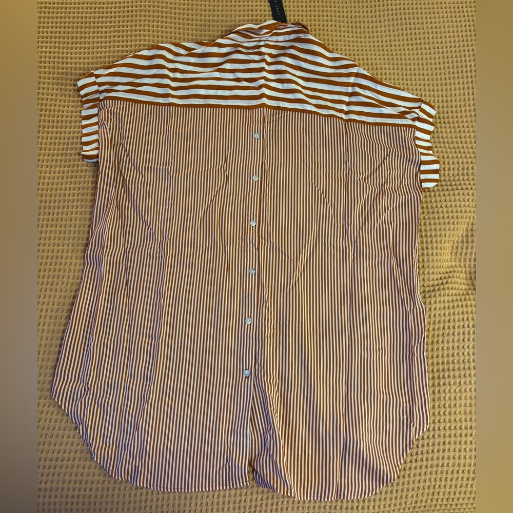 NWT Jane+Delancey Women’s Short-Sleeve Striped Orange & White Button-Down Blouse - Picture 9 of 14